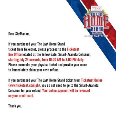 Last Home Stand Ticket Refund