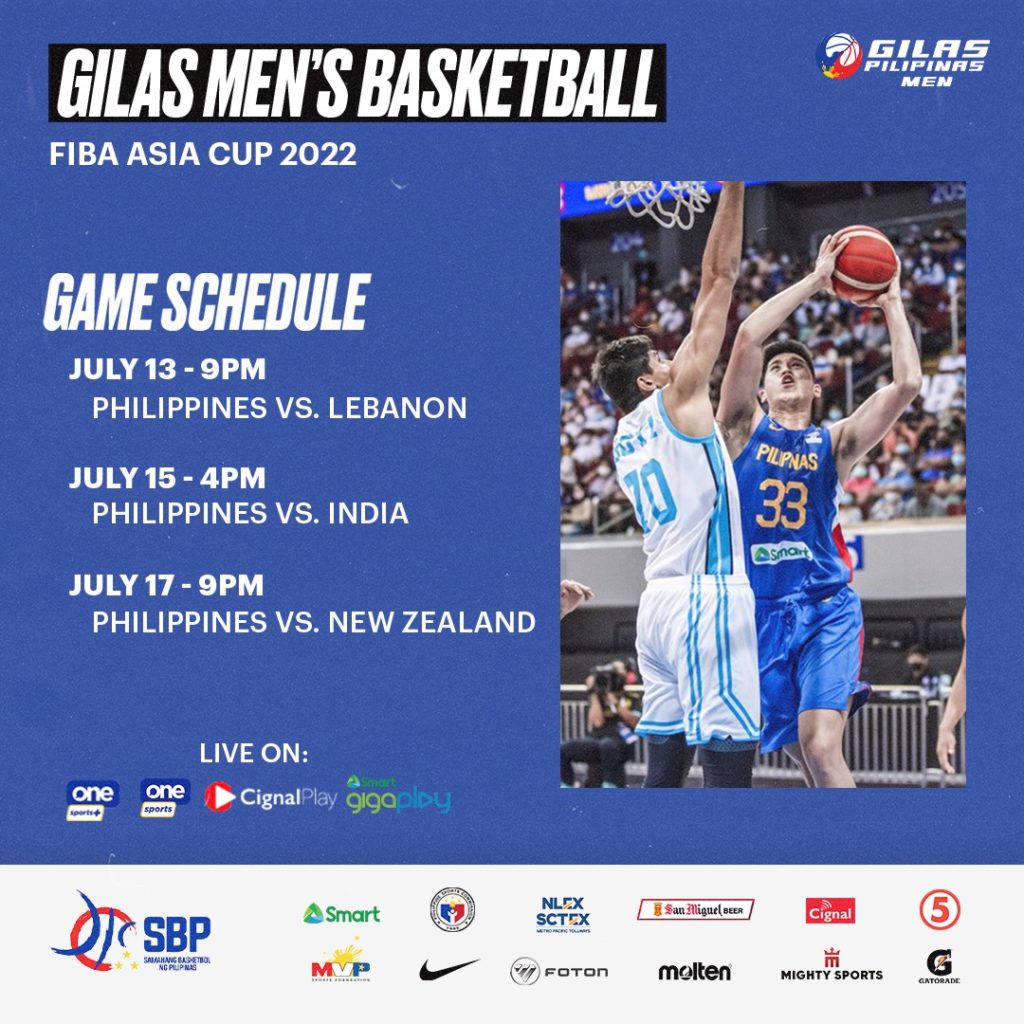 Gilas Pilipinas Schedule for FIBA Asia Cup 2022