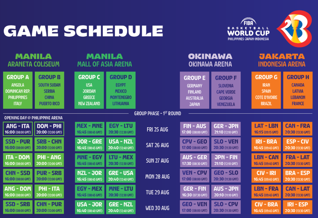 2023 FIBA World Cup Group Phase Full Schedule