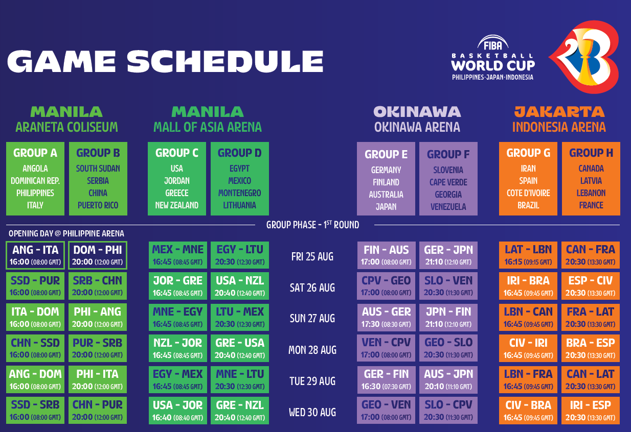 2023 FIBA World Cup Group Phase Full Schedule Gilas Pilipinas Basketball