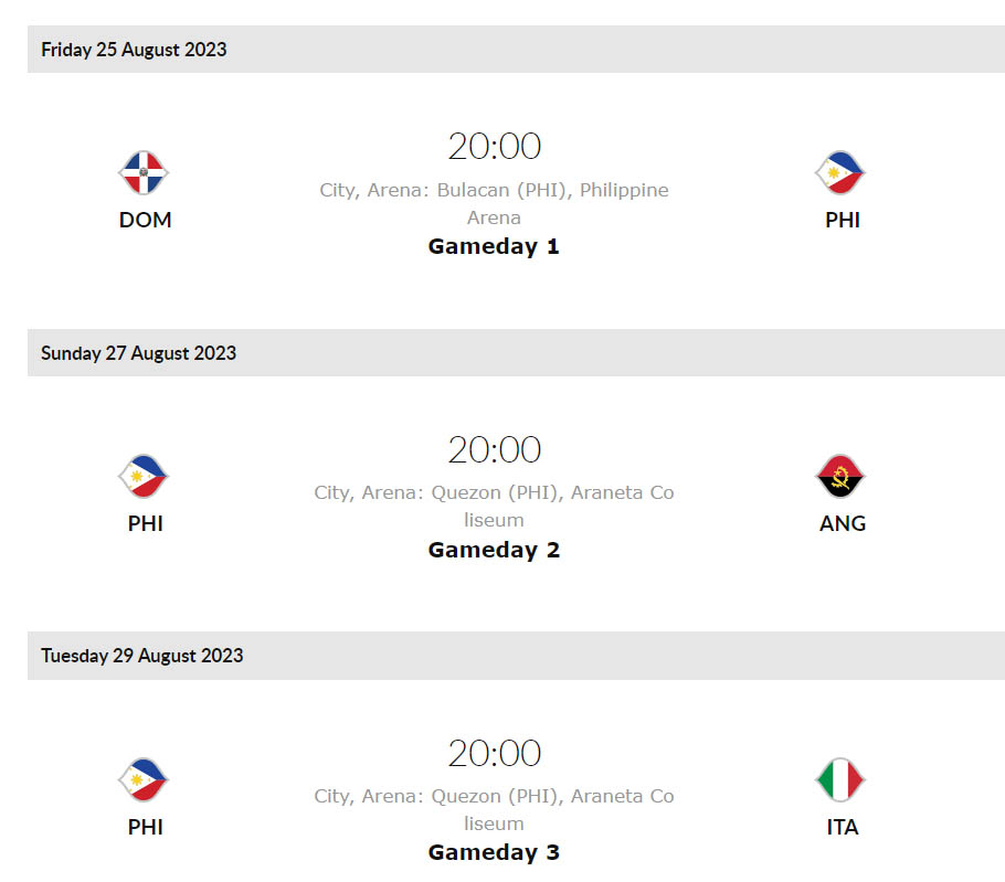 Gilas Pilipinas Schedule for FIBA World Cup 2023